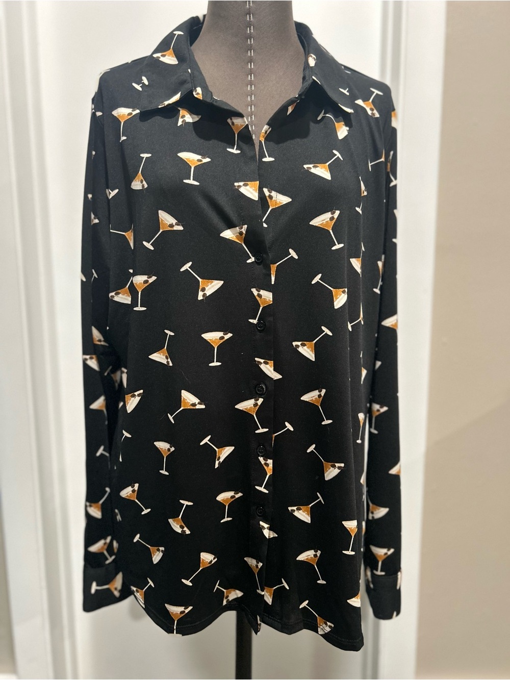 Haver London martini print button down blouse shirt top black & tan women’s XL